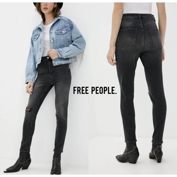 Free People Women's Zuri Mom Jeans Sz 26 Dusty Roads Black Button Fly High Rise - Picture 1 of 9